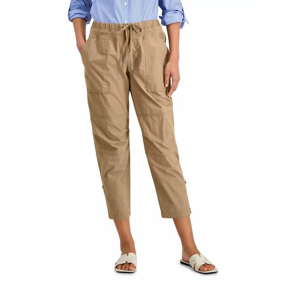 NWT Nautica Women's Cotton Roll-Tab Utility Pants, Medium, Tan, Elastic Waist - Picture 1 of 12